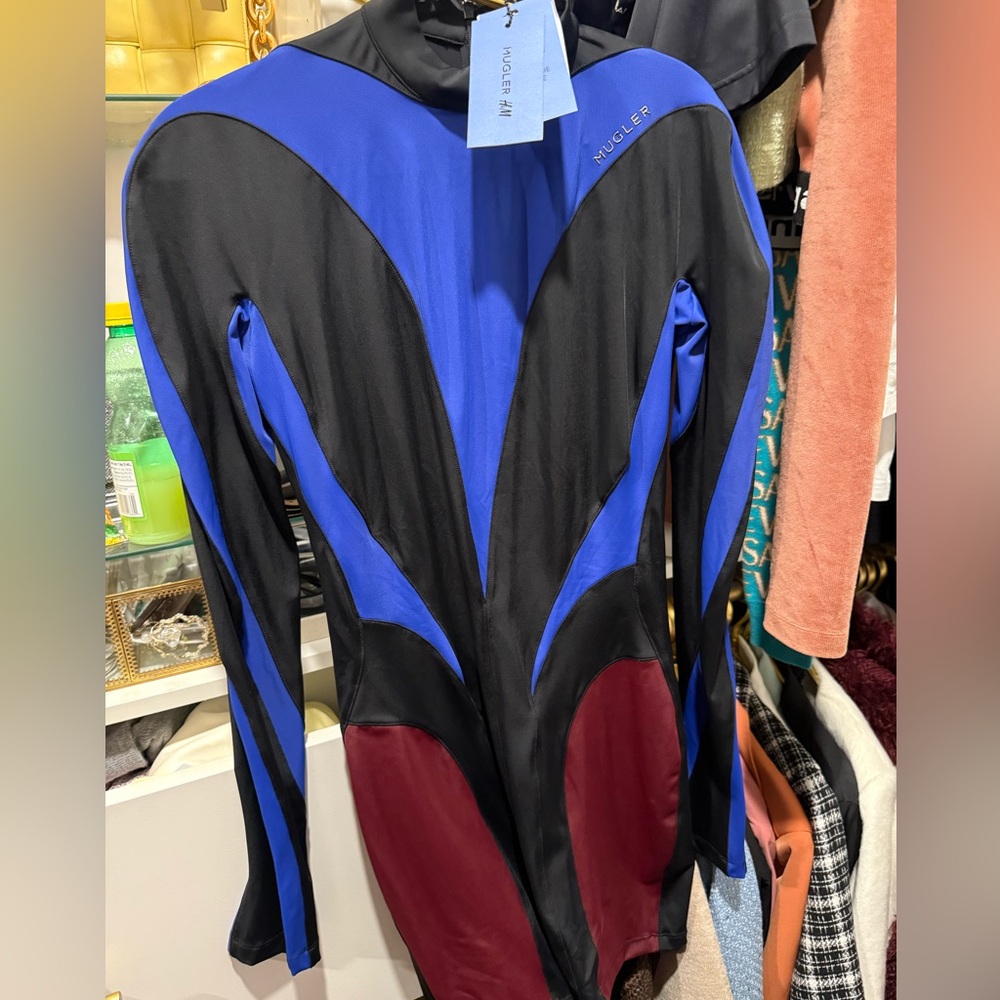 H&M Mugler Black and Blue Performance Jacket with Burgundy Highlights